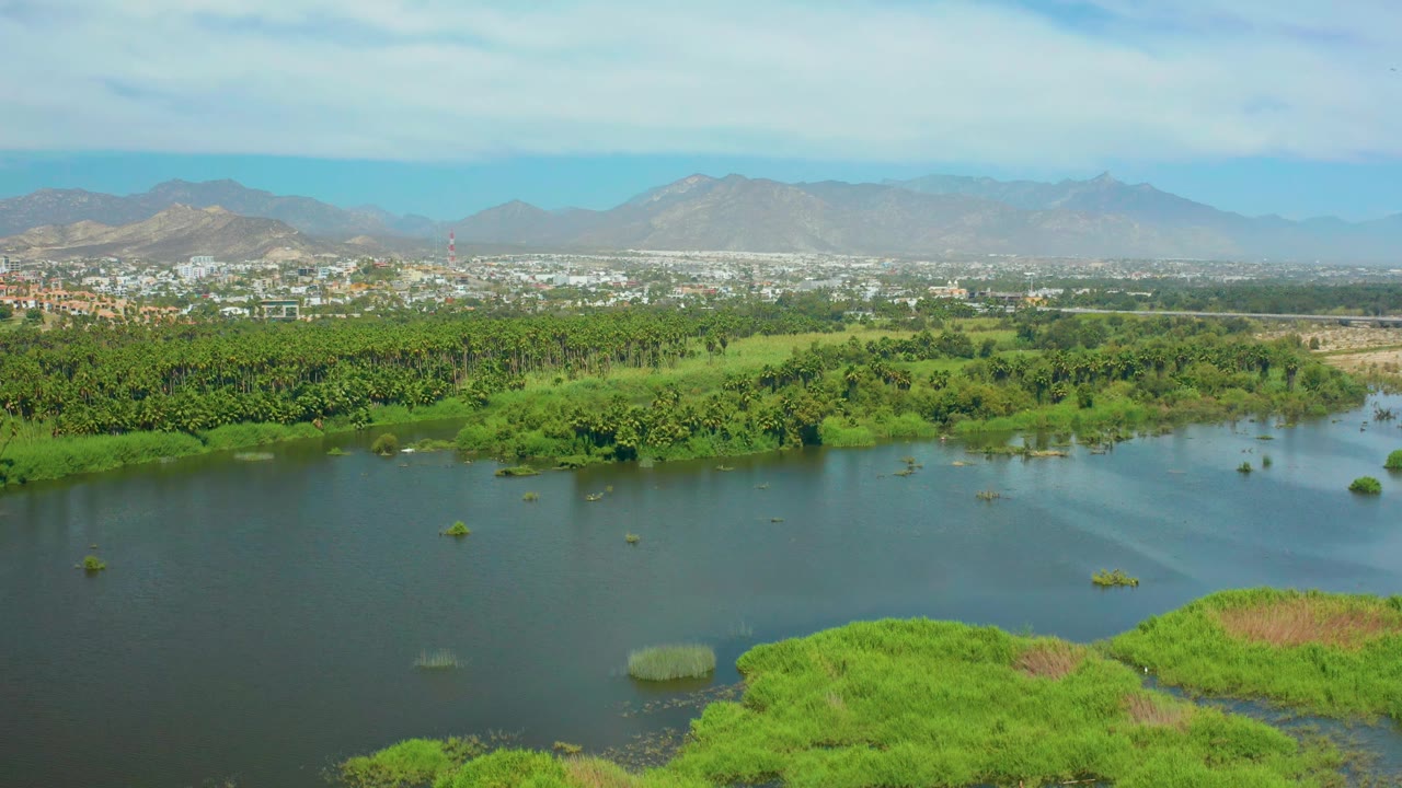 Wide aerial frame in San Jose Del Cabo, Mexico, with dark river water in front, floating green islets near the center, a band of trees, distant buildings, mountains, and no visible people.