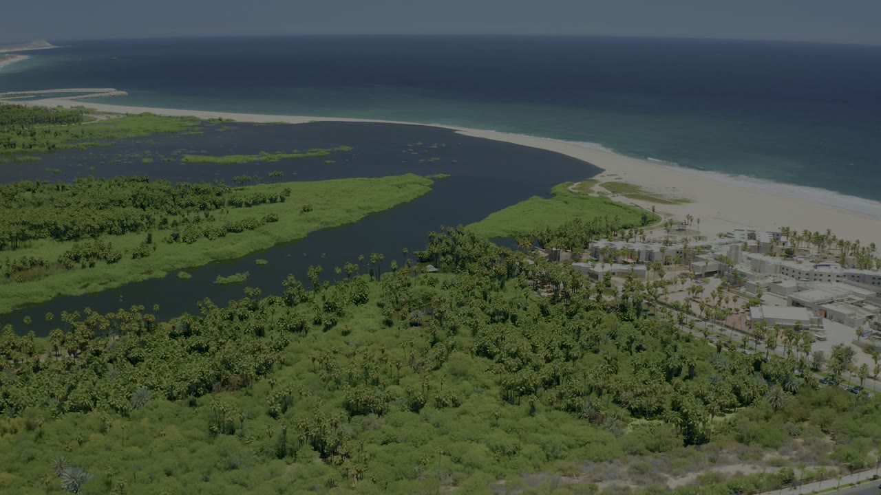 San Jose del Cabo, Mexico aerial frame showing green mangrove cover around dark lagoon water, pale beach separating the lagoon from the ocean, and no visible people.
