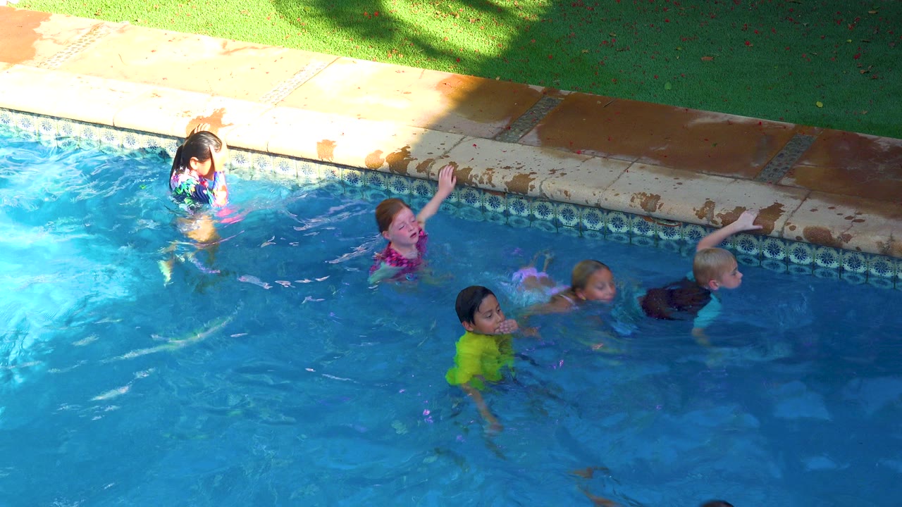 Several children swim and splash in a blue pool in San Jose del Cabo BCS Mexico, with a tiled edge and green grass visible above them.