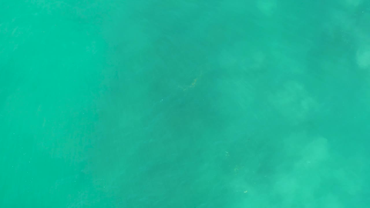 Top-down San Luis Beach frame with turquoise water, pale sandy patches below the surface, and no visible people.