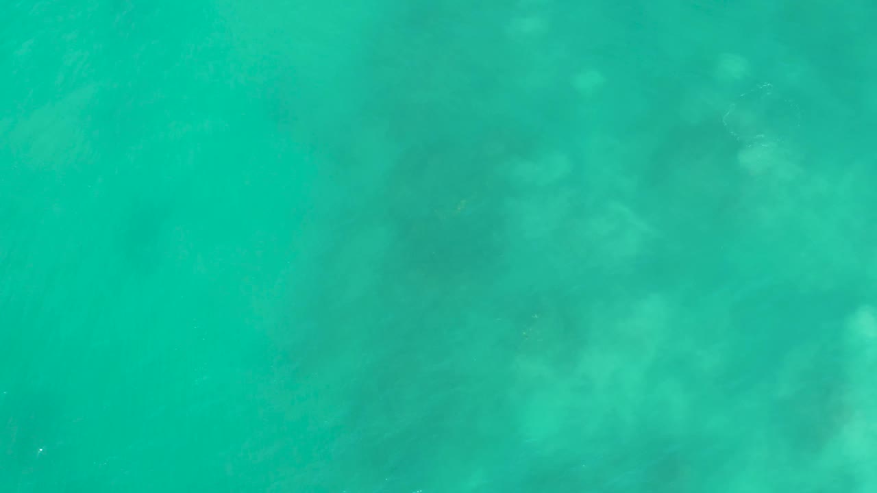 Pale seabed patches appear beneath clear turquoise water in a top-down view from San Luis Beach, East Cape Los Cabos, Mexico, with no visible people.
