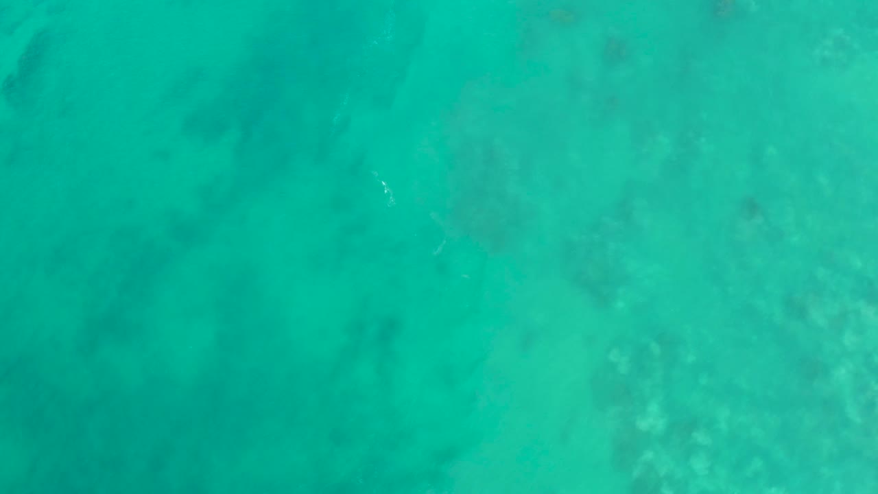 Aerial-looking overhead frame of turquoise ocean water at San Luis Beach East Cape Los Cabos, Mexico, with darker reef forms under the water and no visible people.