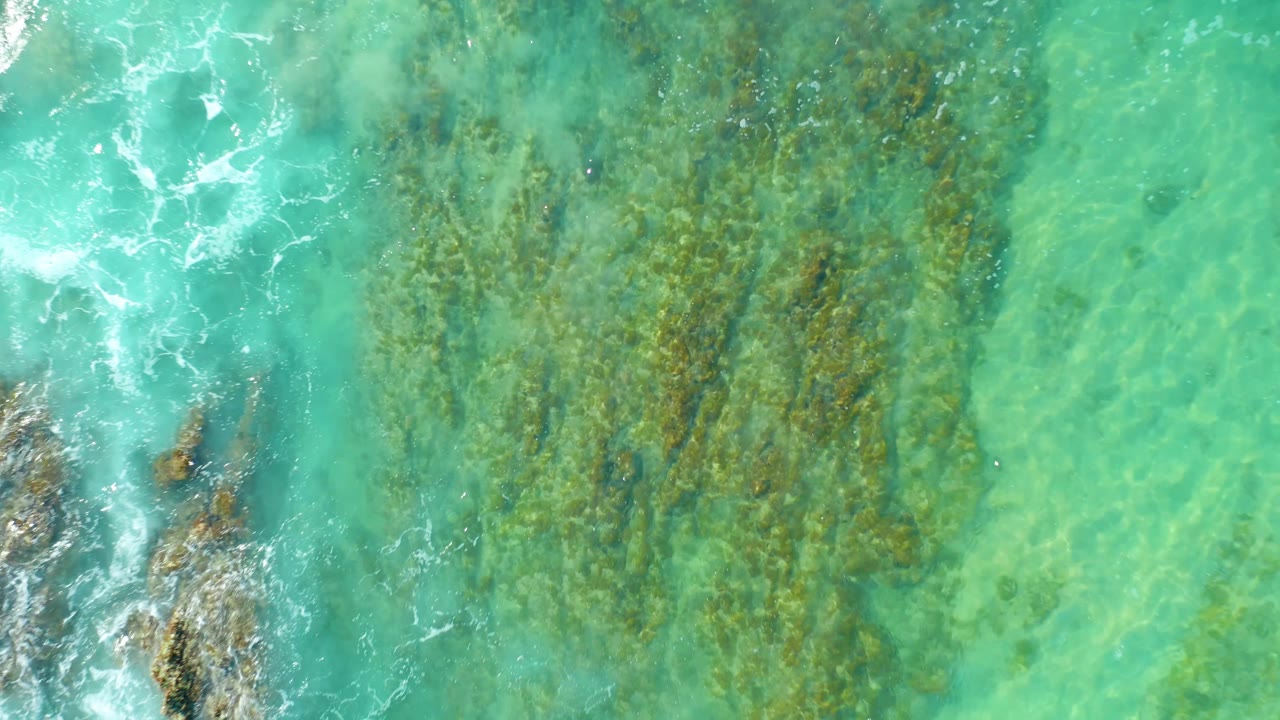 Top-down San Luis Beach East Cape Los Cabos Mexico frame with transparent green-blue water, broad darker seabed texture, small rock outcrops, and no visible people.