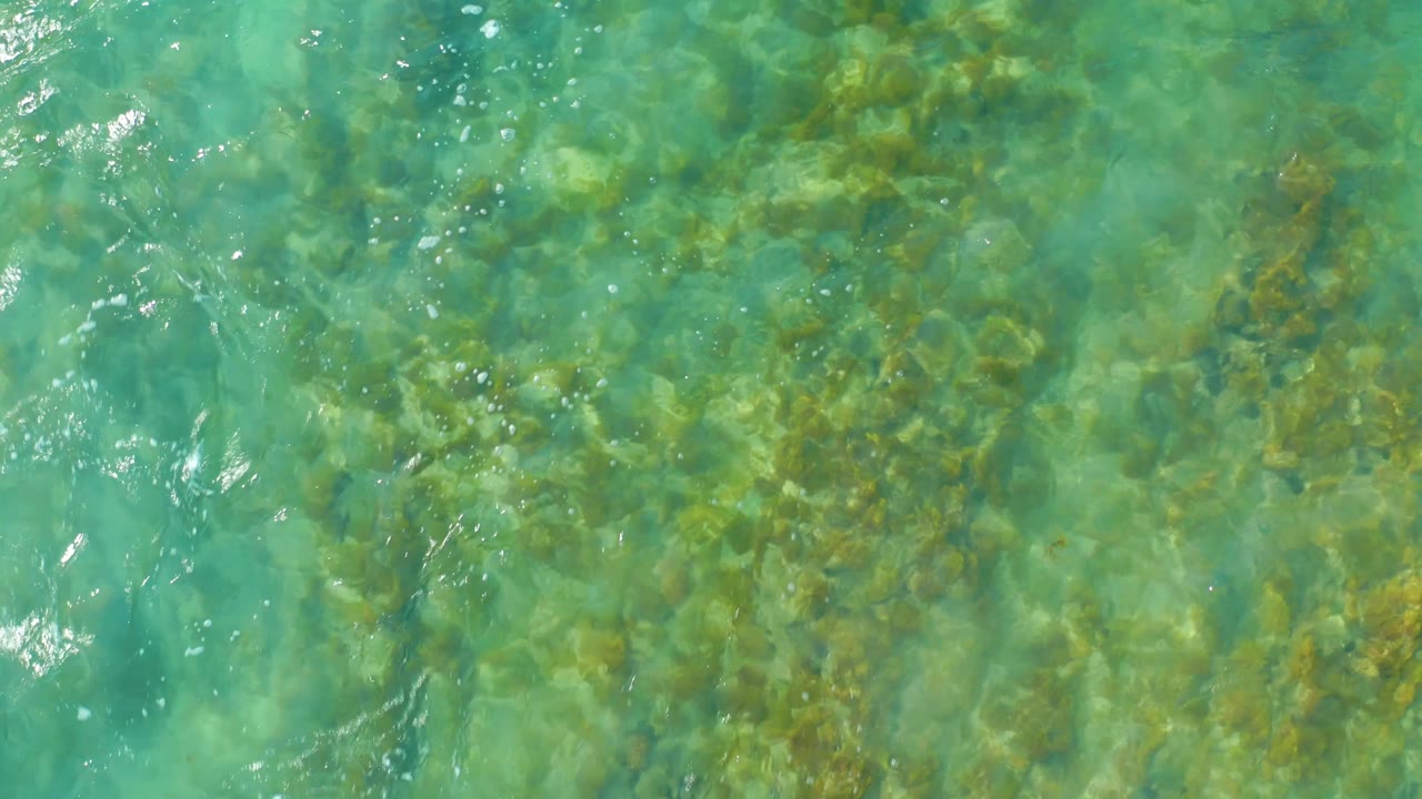 Overhead frame from San Luis Beach East Cape Los Cabos showing shallow aqua water, green-brown rock texture below the surface, and thin bands of ripple movement, no visible people.
