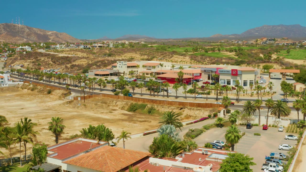Elevated view of cars on a palm-lined road beside commercial buildings and dry open land.