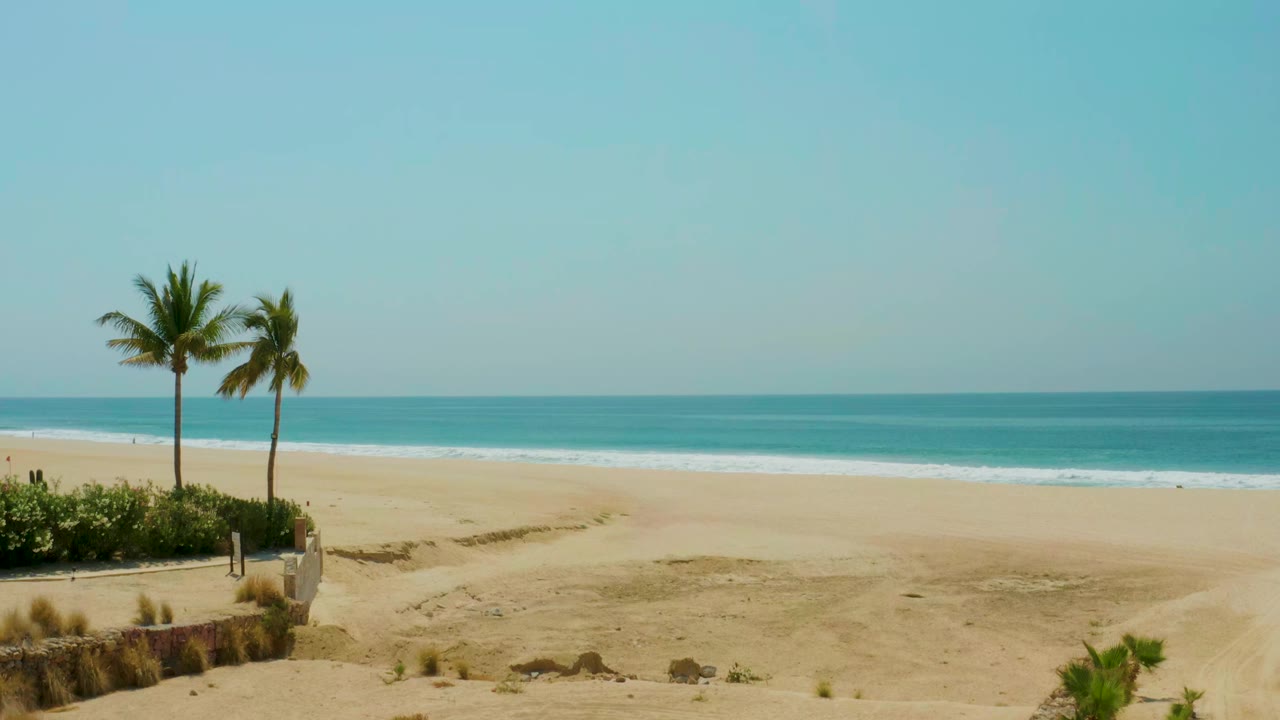 Early pan view in Campestre San Jose Del Cabo BCS Mexico with the palm pair near the left edge, open sand across the center, ocean bands beyond, and no visible people.