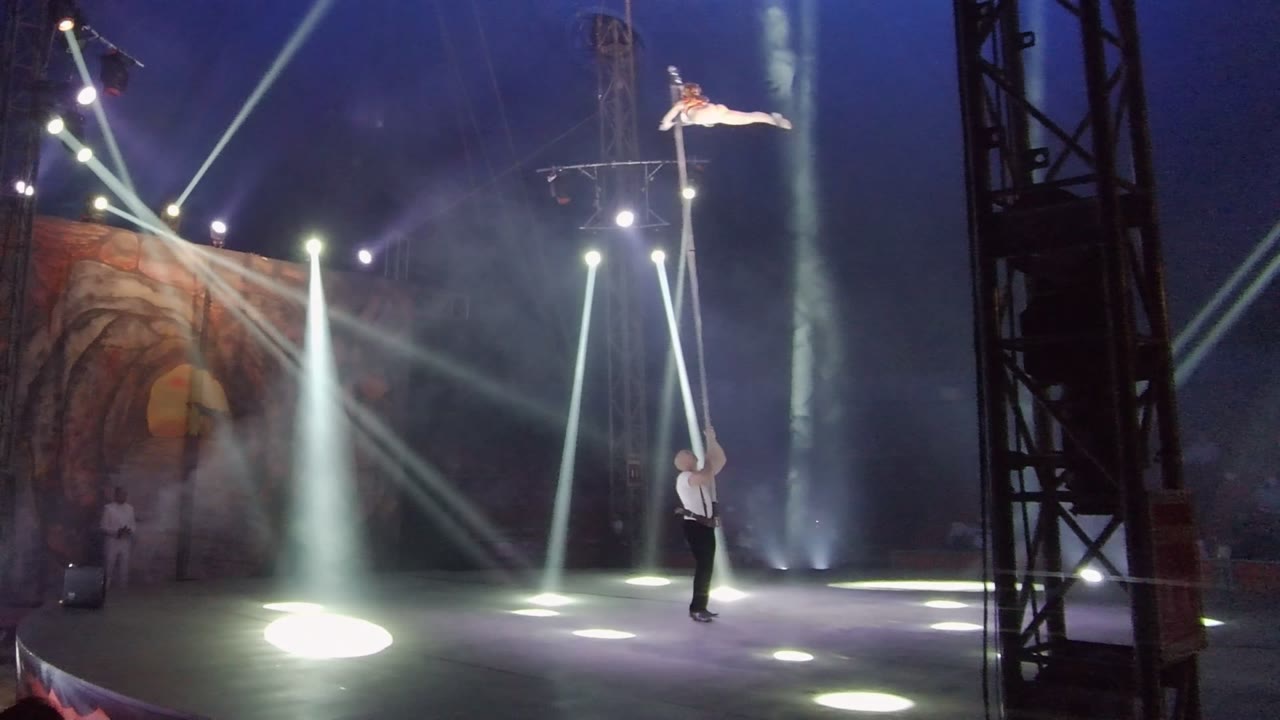 Aerialist held near the top of a vertical pole under crossing stage lights.