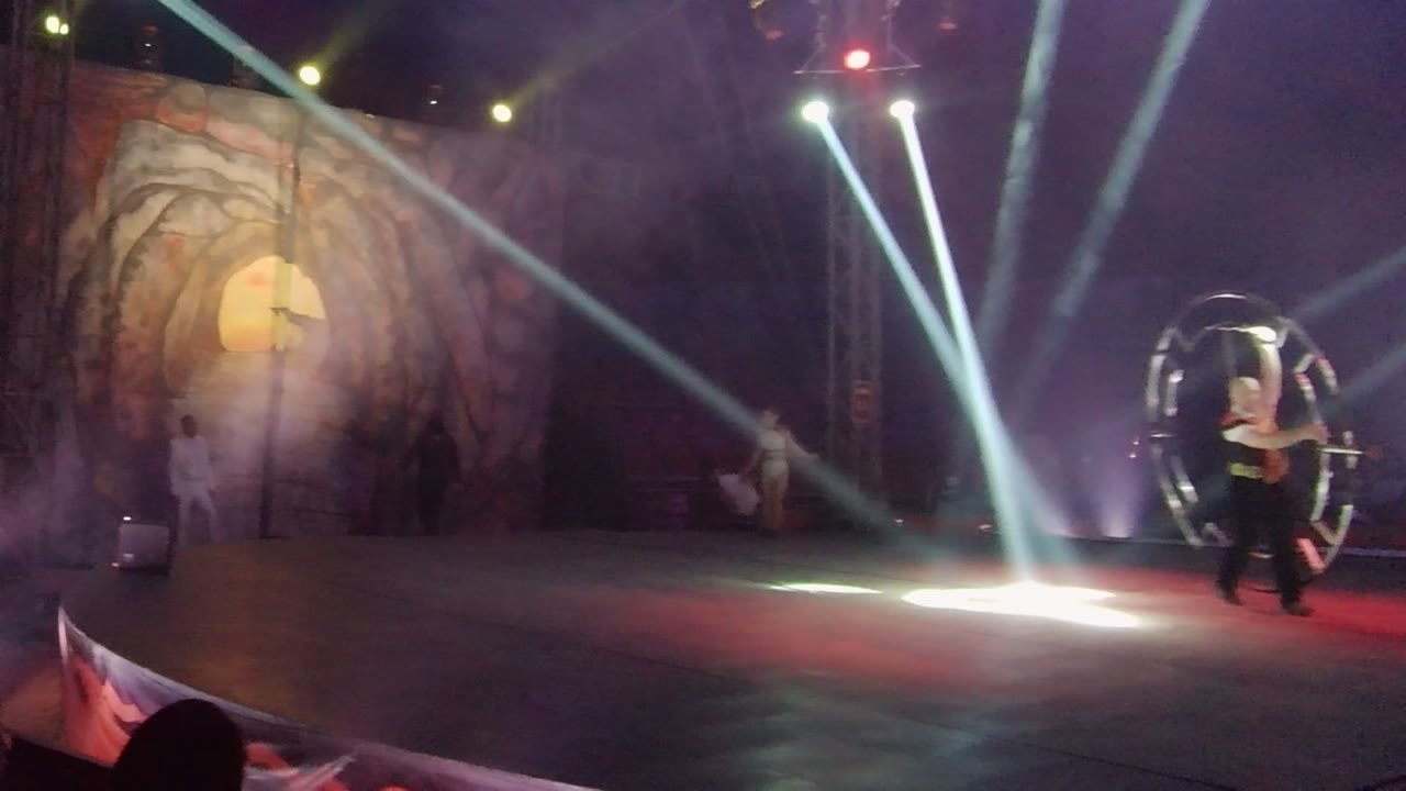 Hoop performer moving across a smoky lit stage