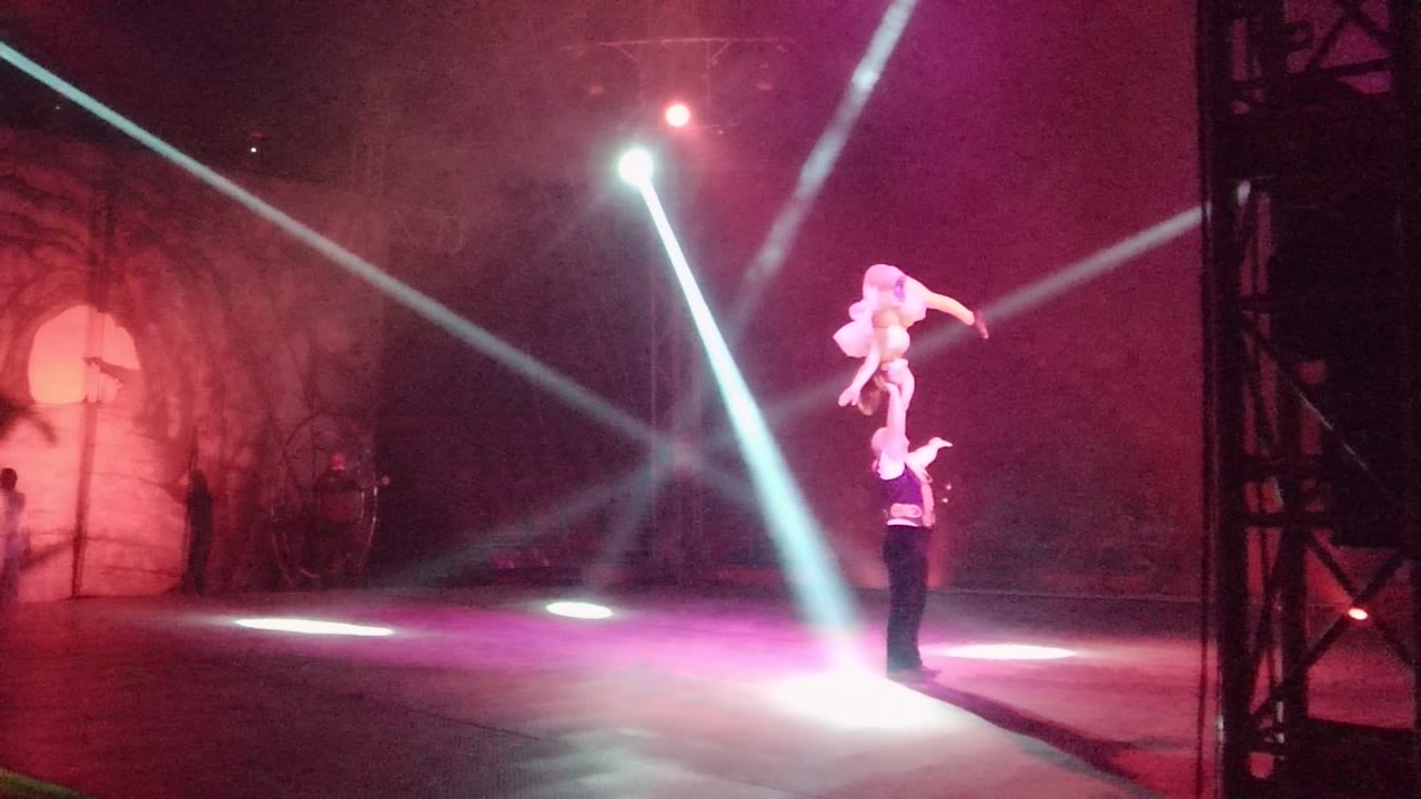 Acrobatic performer balanced above a partner under spotlights.