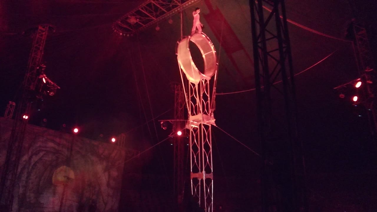 Performer on a high circular aerial ring beside red lighting and truss.
