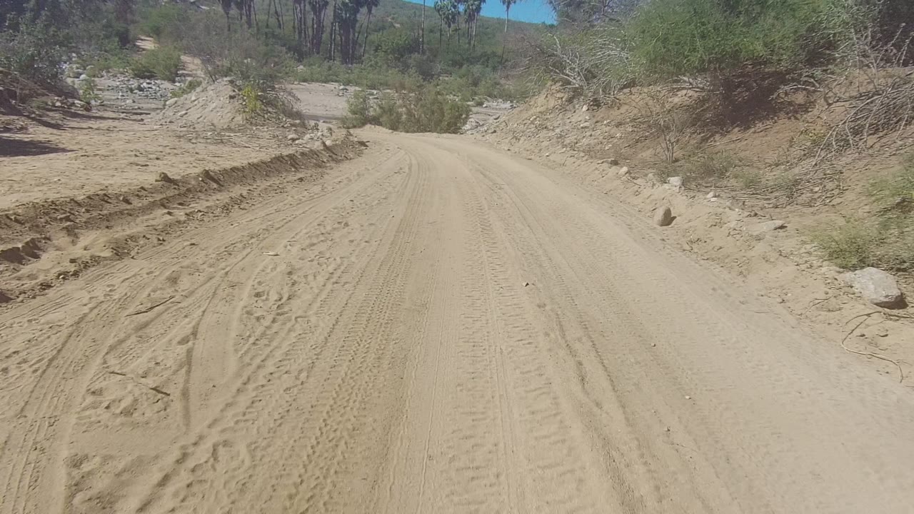 Opening frame of a sandy dirt road in Los Cabos, Mexico, bordered by dry brush and scattered rocks under bright sun, with no visible people.