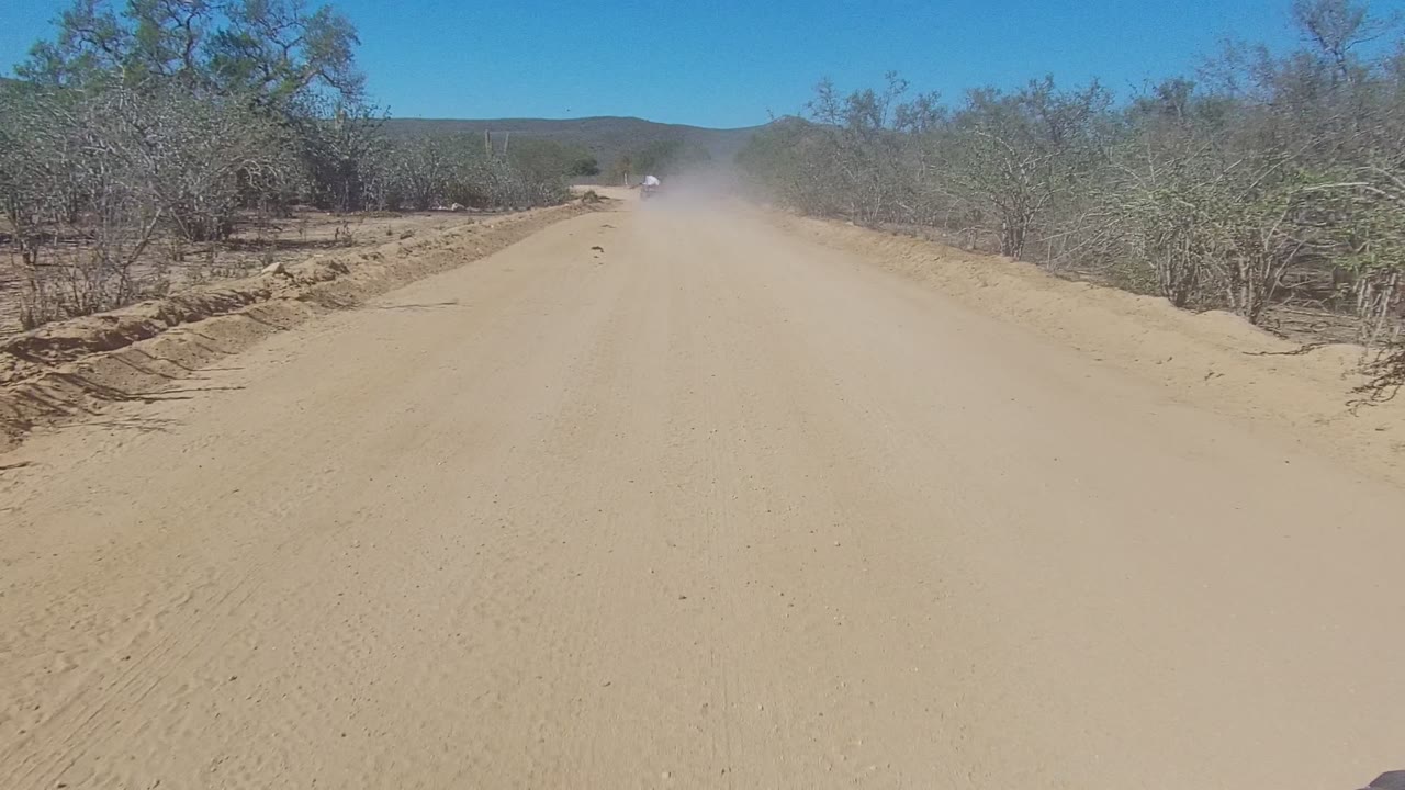 Dusty dirt road bordered by scrub with a vehicle far ahead.