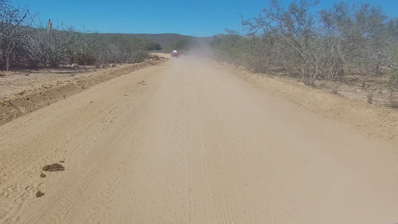 At 0:02, the dust cloud thickens along the center of the Los Cabos BCS Mexico dirt road, with scrubby trees close to the right shoulder and no visible people.