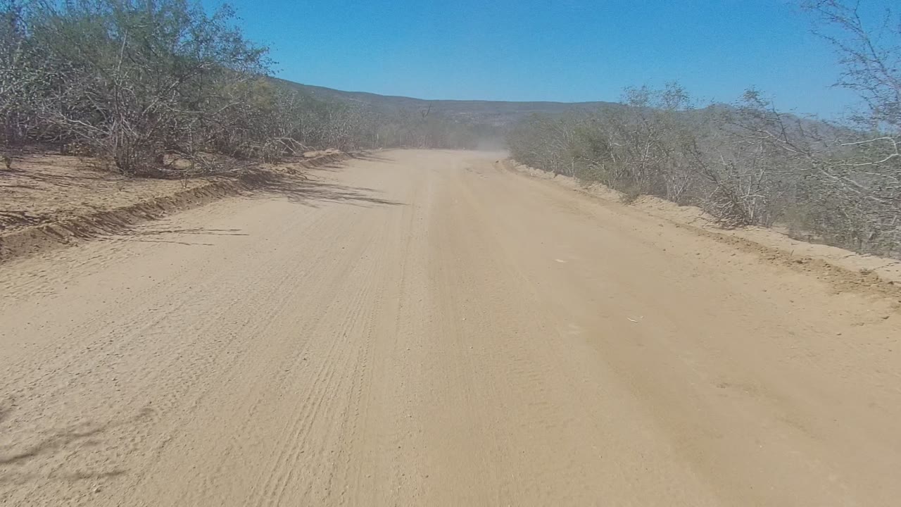 A sandy dirt road in Los Cabos BCS Mexico runs between sparse bushes toward low hills, with a faint distant dust cloud and no visible people.