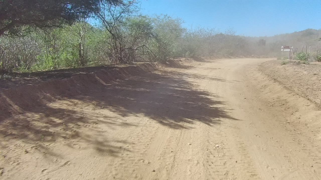Dusty road curving through scrub with a roadside sign ahead.