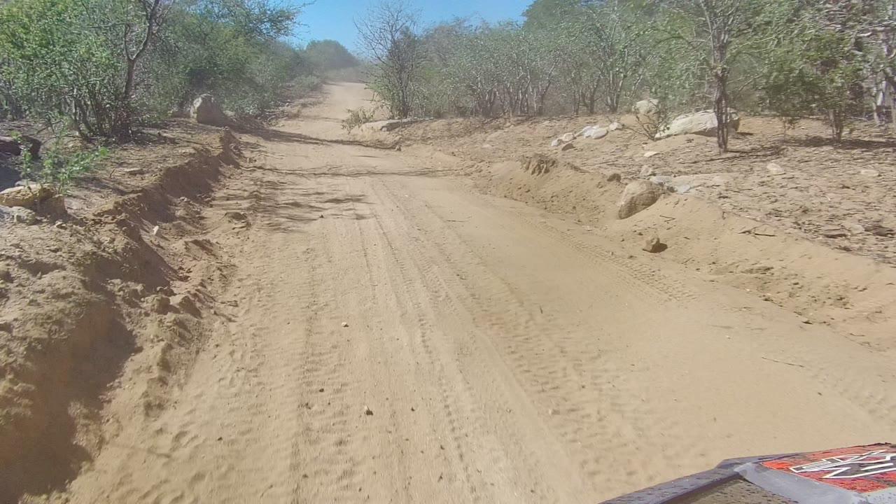 Vehicle POV on a rutted sandy road with scrub on both sides.