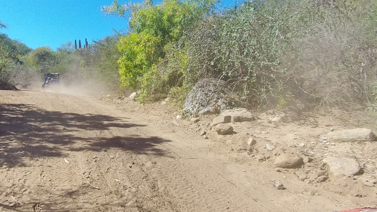 A distant off-road vehicle raises dust on a sandy dirt road in Los Cabos, Mexico, with dry brush, rocks, green shrubs, low hills, and no visible people.