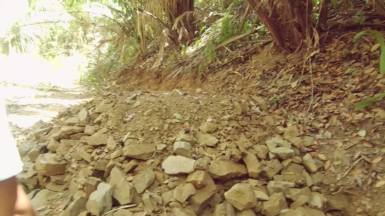 Rocky dirt bank and bright trail opening with partial person at edge.