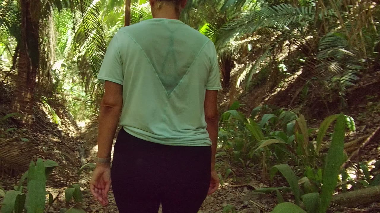 The foreground hiker shifts to the right side of frame while walking away on the forest path in San Pancho Nayarit Mexico, with bright green foliage and shadowed trunks filling the background.