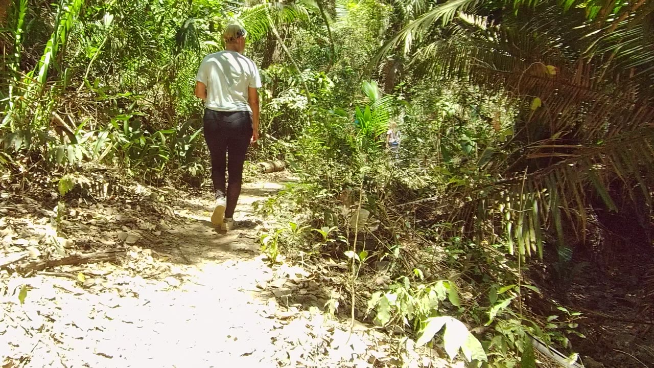 The person remains centered on the bright dirt path in San Pancho Nayarit, Mexico, with thick green plants and palm leaves crowding both sides.