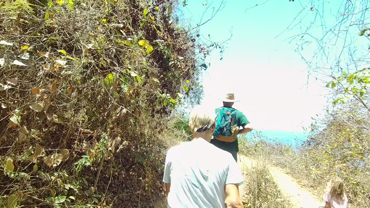 Hikers continue down the dusty path with ocean visible through the opening ahead.
