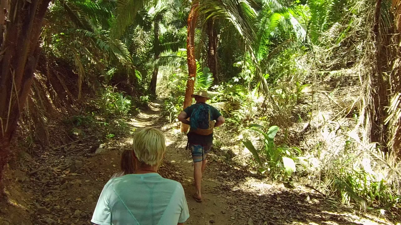 People walk away from the camera on a narrow dirt trail in San Pancho Nayarit, Mexico, with a light-shirted adult in the foreground and dense foliage around the path.