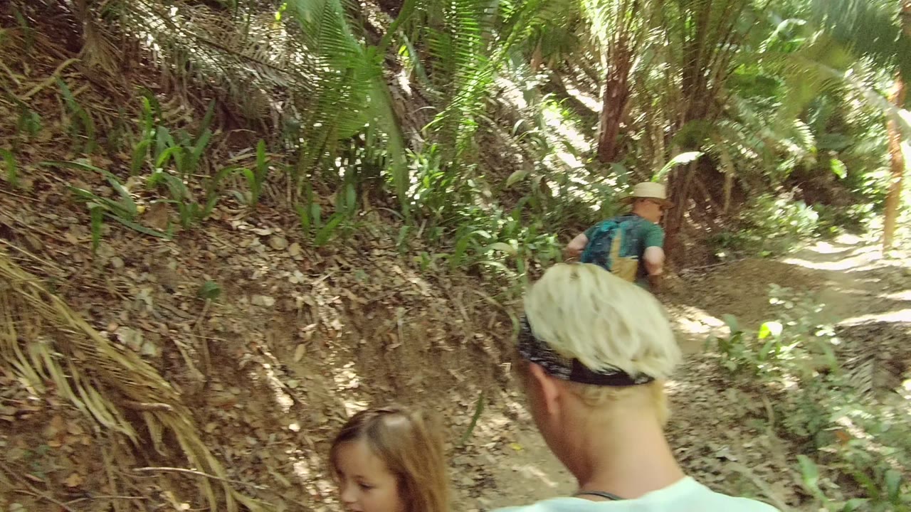 Adults and a child are partly visible on a narrow forest path in San Pancho Nayarit Mexico, with palms and bright green foliage ahead.
