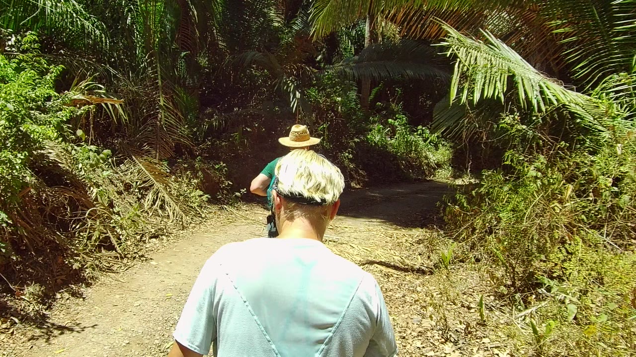 Older adult follows a hat-wearing hiker on a shaded dirt path.