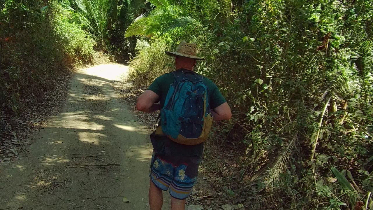 Two hikers walk away from camera on a narrow dirt path in San Pancho Nayarit, Mexico, with the backpacked hiker centered and dense green foliage on both sides.