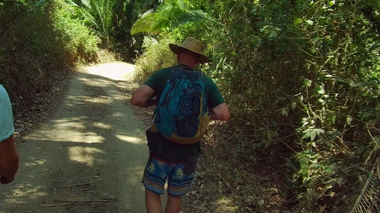 Backpack hiker ahead on a narrow dirt trail with another person partly visible.