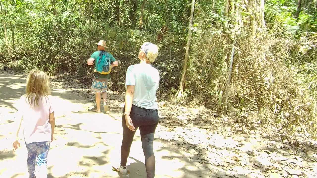 At 0:00 in San Pancho Nayarit Mexico, a child and two adults walk away on a sunlit forest dirt trail with dense foliage ahead.