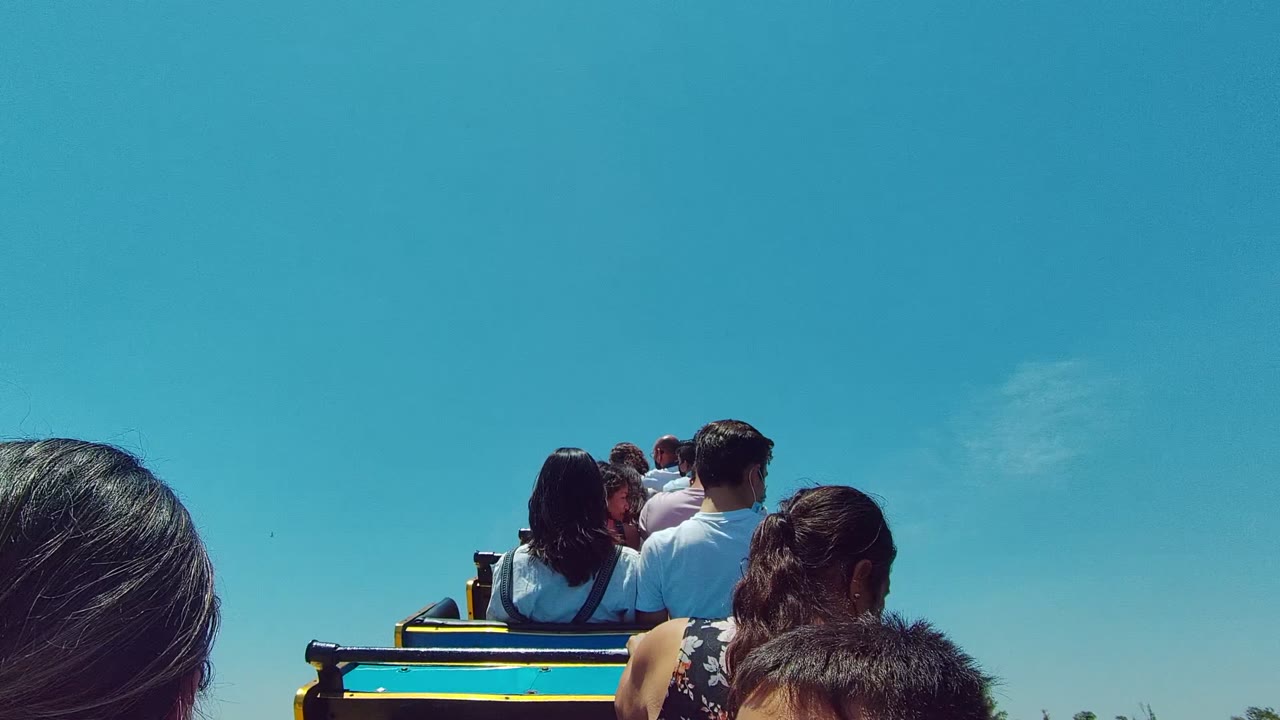 Ride passengers ahead with a foreground head at left and blue sky behind.