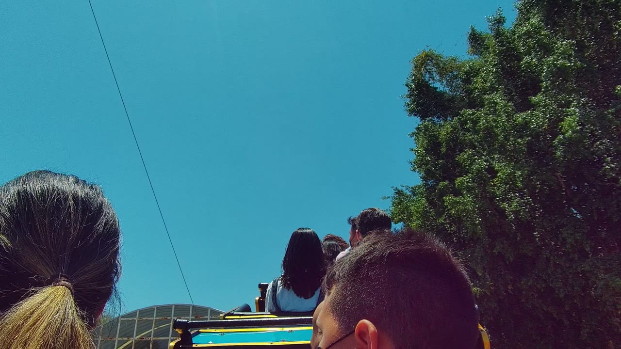 Passengers on an open-top vehicle with trees and blue sky behind them.