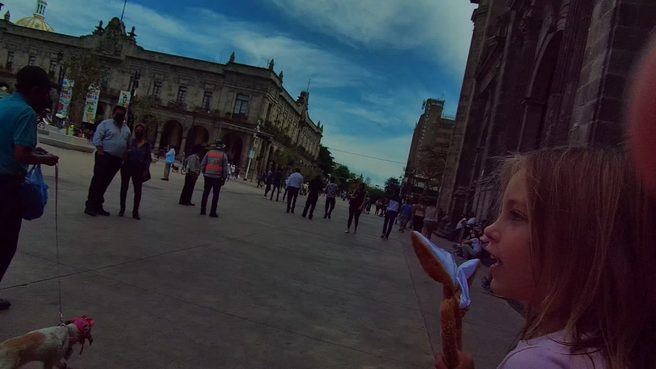 Public square with pedestrians, historic buildings, a child, and a small dog.