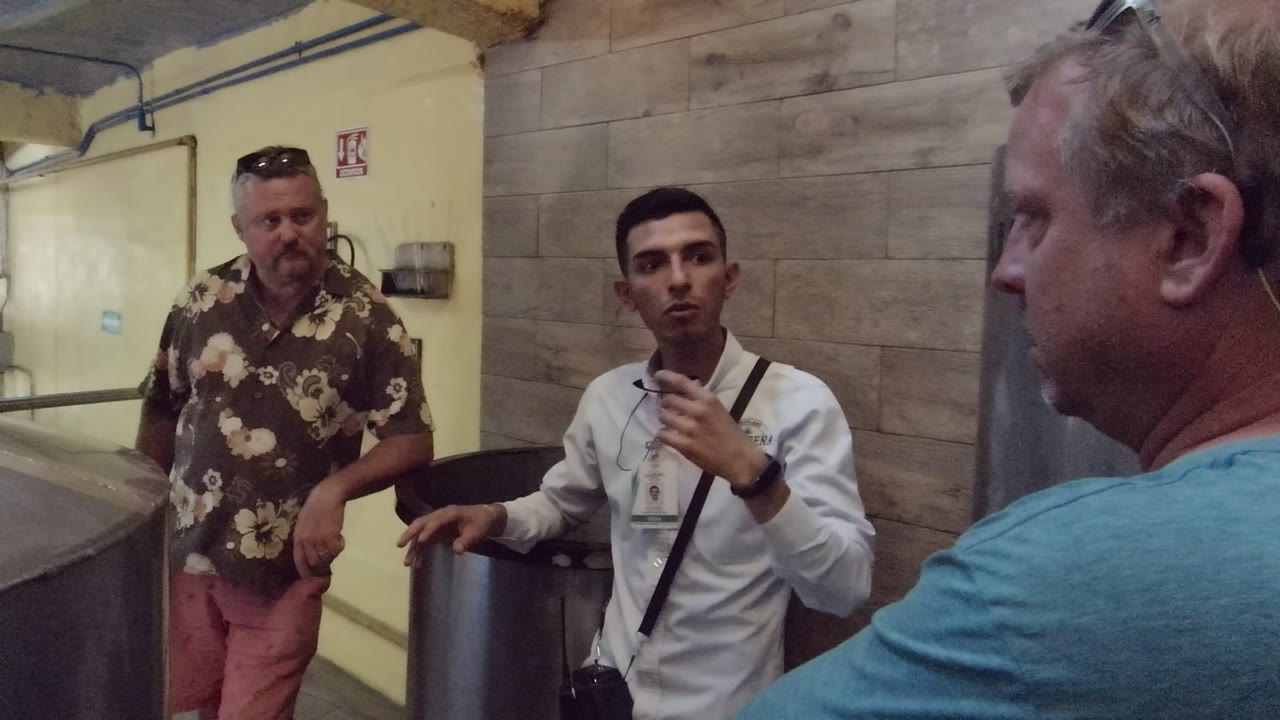 The guide continues speaking with one hand lifted, while the floral-shirt visitor faces forward and the blue-shirt visitor remains in profile near the tank.