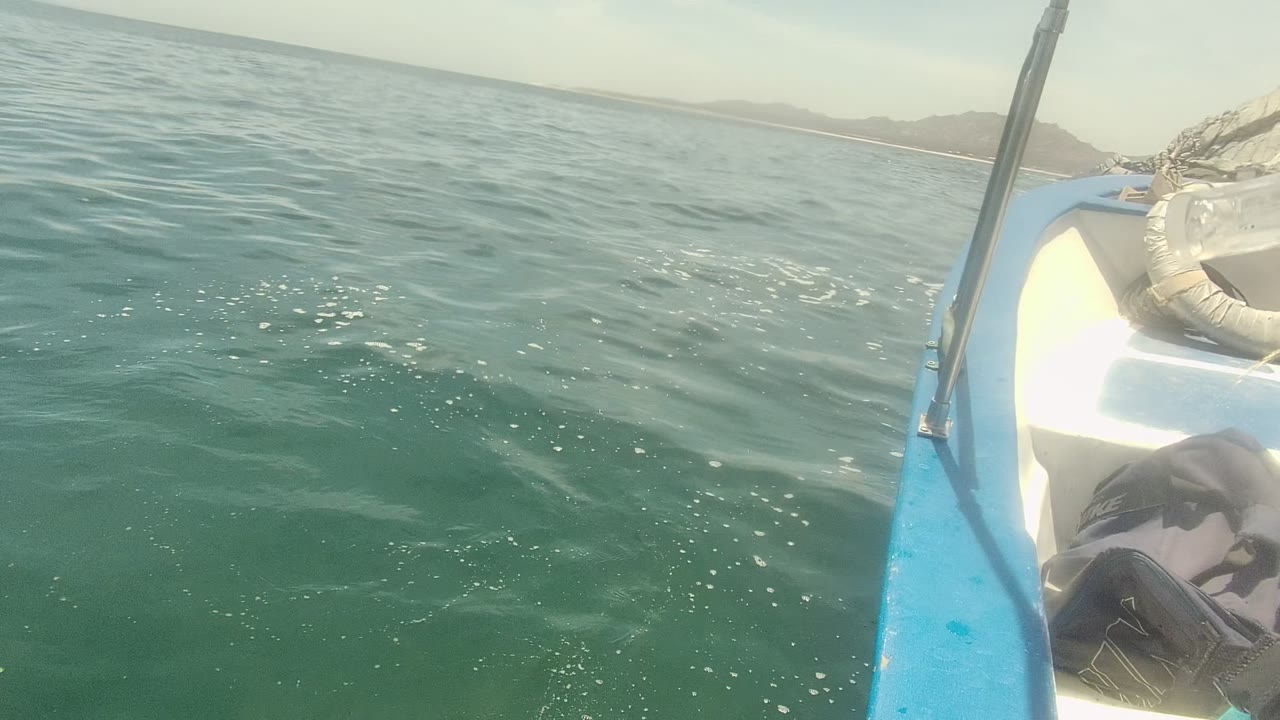 Third frame from Cabo Pulmo, Mexico, showing textured green water, distant shoreline, a white and blue boat bow, a vertical support pole, and a person partly cropped at the right edge.