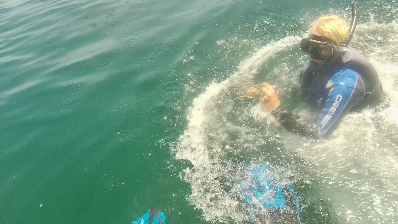 A blond snorkeler wearing a black mask and blue wetsuit swims in Cabo Pulmo, Mexico, with white foam circling the body and blue fins below the surface.
