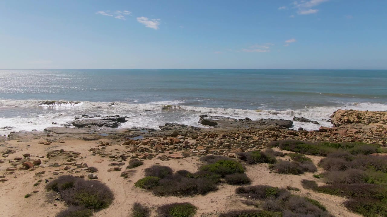 At Buzzards Beach East Cape BCS Mexico, white waves break over dark shoreline rocks below a blue ocean horizon, with sandy scrub in the foreground and no visible people.