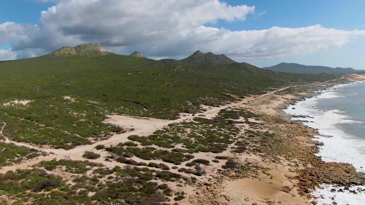 Opening aerial frame over Buzzards Beach East Cape BCS Mexico, with sandy scrubland in front, green hills and mountains inland, white surf along the right edge, and no visible people.