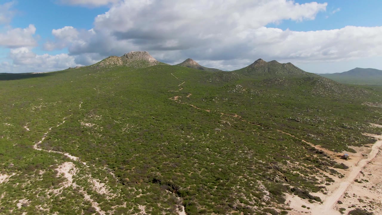 Aerial frame from Buzzards Beach East Cape BCS Mexico showing a pale dirt road winding through green hills toward rocky peaks, with no visible people.