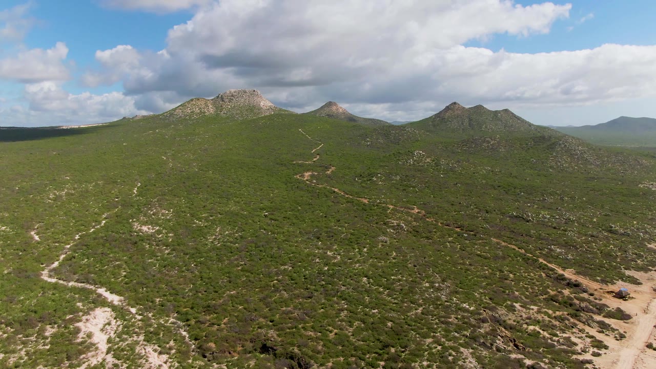 A wide aerial frame from Buzzards Beach East Cape BCS Mexico shows branching dirt tracks across green terrain, rocky hilltops on the skyline, and no visible people.