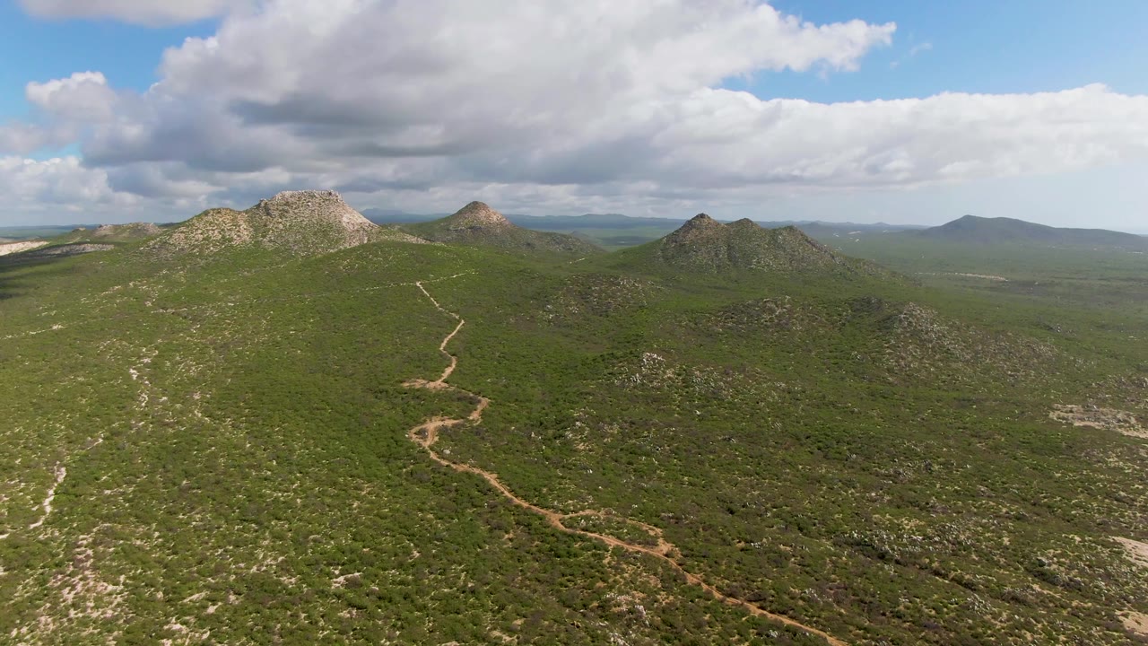 Wide aerial view in the Buzzards Beach East Cape BCS Mexico collection, with the winding dirt path centered between scrubby green hills, rocky peaks, distant mountains, and no visible people.