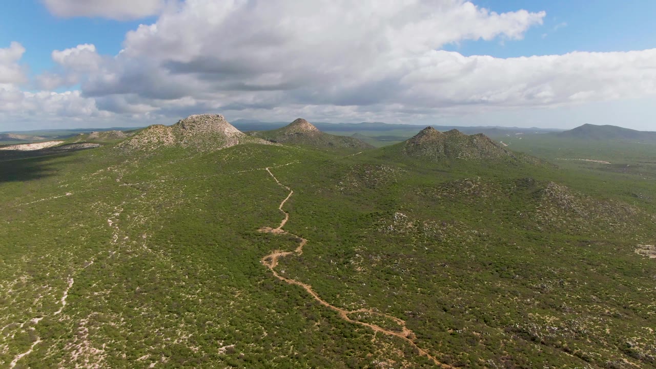 Aerial view of green mountain ridges under large clouds