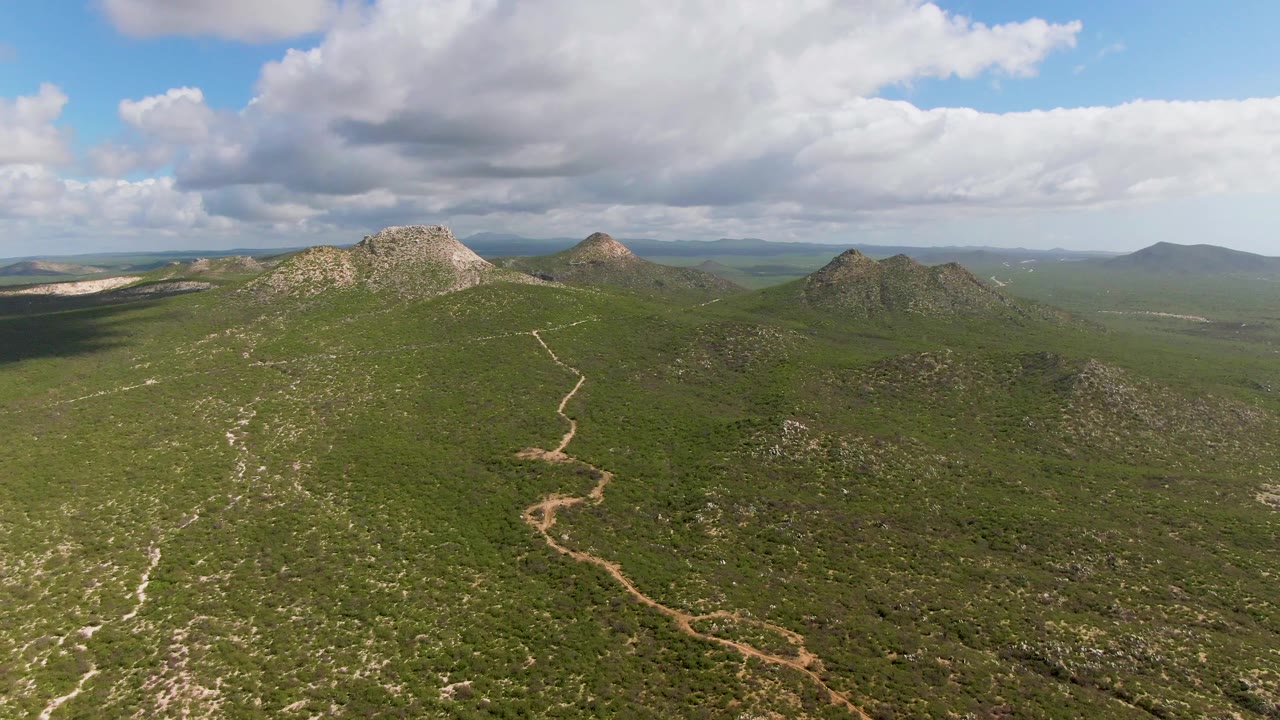 Wide aerial frame of scrubby green hills in Buzzards Beach East Cape BCS Mexico, where a winding dirt path leads toward rocky peaks beneath thick white clouds and no visible people.