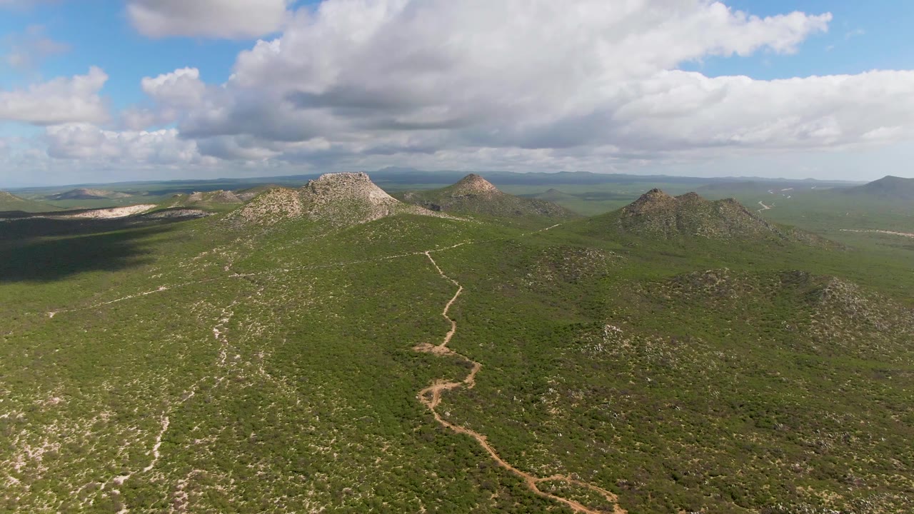 Wide aerial frame from Buzzards Beach East Cape BCS Mexico with rocky hills across the midground, a winding dirt path below, and no visible people.