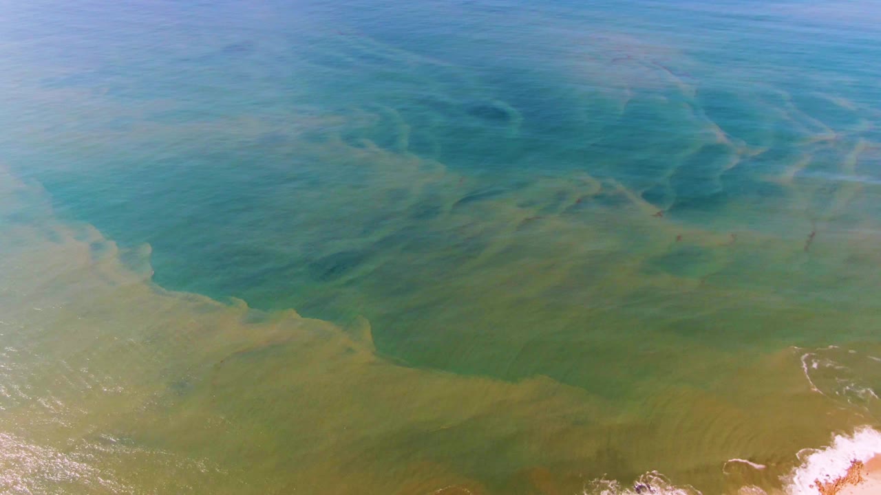 Overhead frame at Buzzards Beach East Cape BCS Mexico with a broad green shallow-water plume, blue water above it, and white surf touching the bottom edge, no visible people.