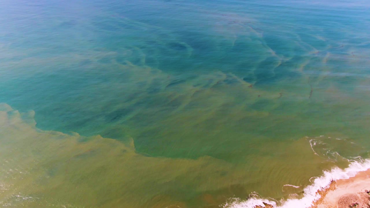 Aerial view at Buzzards Beach East Cape BCS Mexico where translucent green water meets a sandy corner with a thin white wave line and no visible people.
