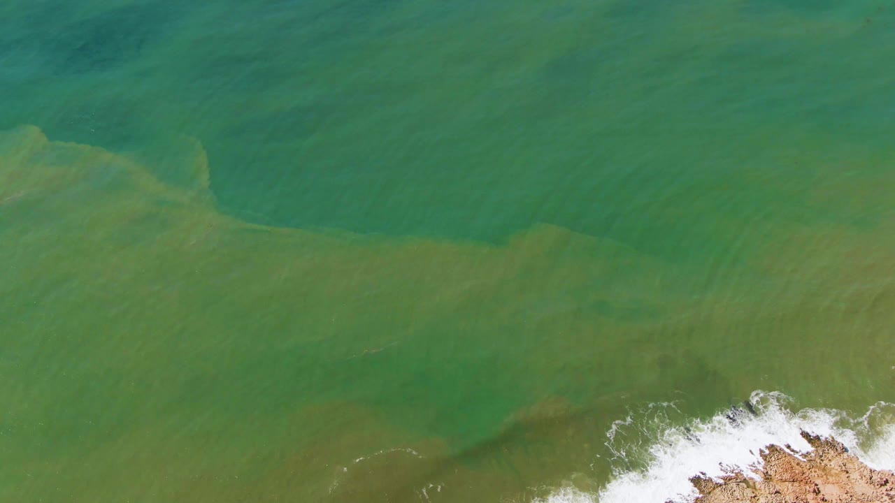 Top-down aerial view at Buzzards Beach East Cape BCS Mexico with green ocean water, brown shallows, white foam at the lower edge, and no visible people.