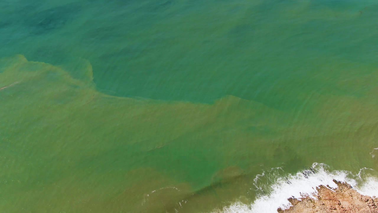 Aerial shoreline frame from Buzzards Beach East Cape BCS Mexico showing muted green water over sandy shallows, a small foam line near the rocks, and no visible people.