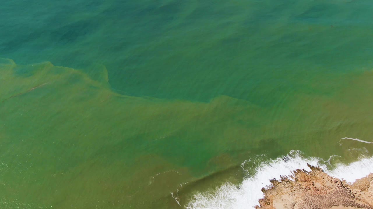Aerial shoreline with green water and foam breaking on rocks